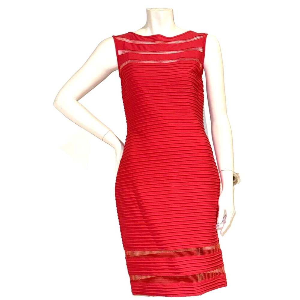 ❤️TADASHI SHOJI Womens XS Sleeveless Red Pintuck Sheath Dress Y2K EUC